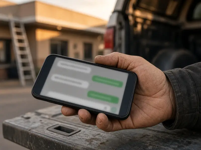 A contractor holding a phone with a text conversation on a truck tailgate