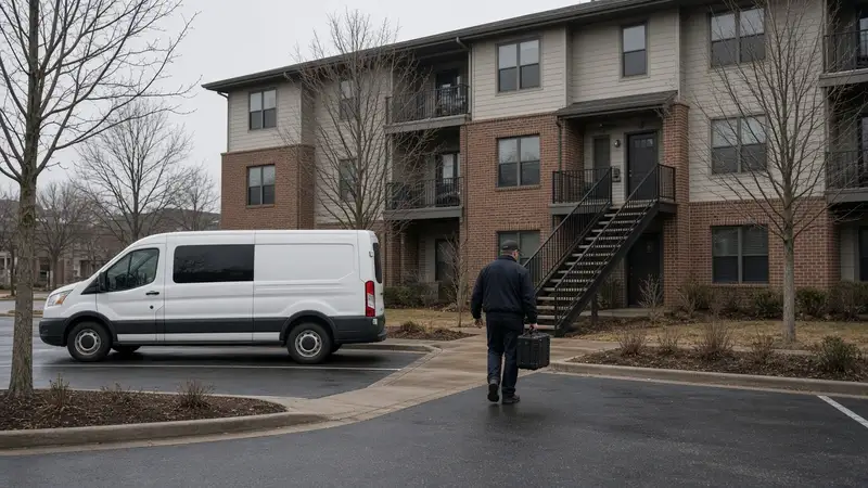 Restoration van and a technician carrying equipment outside a brick apartment building in winter