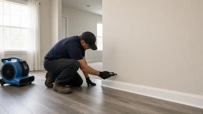 Restoration technician checking a baseboard with a moisture meter next to an air mover