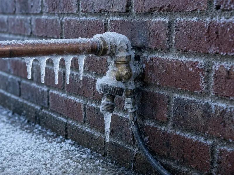 Frozen outdoor hose bib with icicles on a brick wall