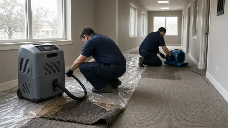 Restoration technician setting up air movers and a dehumidifier in a flooded apartment hallway